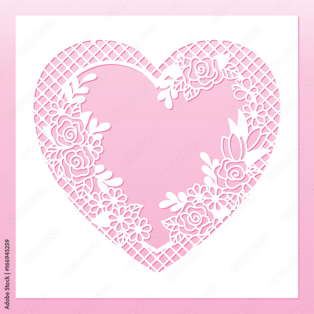 Openwork floral frame with heart and roses. Laser cutting template for decoration, greeting cards, envelopes, invitations, interior decorative elements.
