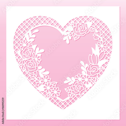 Openwork floral frame with heart and roses. Laser cutting template for decoration  greeting cards  envelopes  invitations  interior decorative elements.