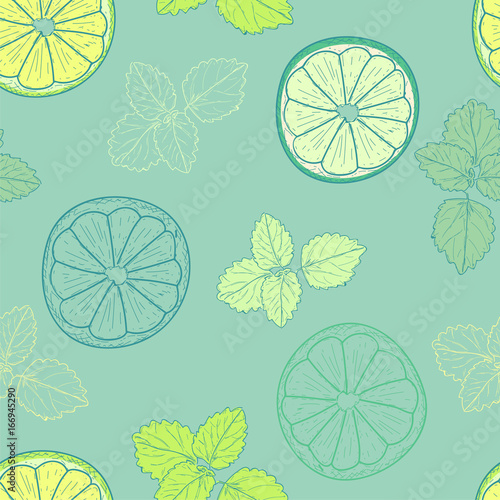 Seamless pattern with slices of lime and leaves of mint on blue background