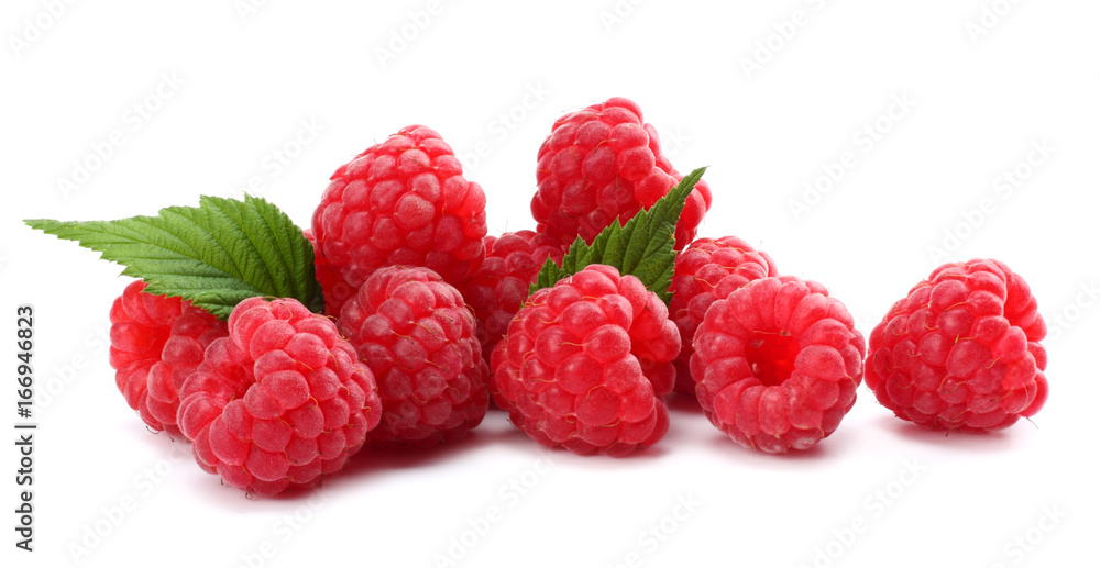 ripe raspberries with green leaf isolated on white background macro ripe raspberries with green leaf isolated on white background macro