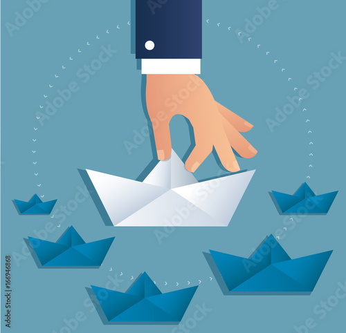 big hand holding paper boat vector, business concept illustration  