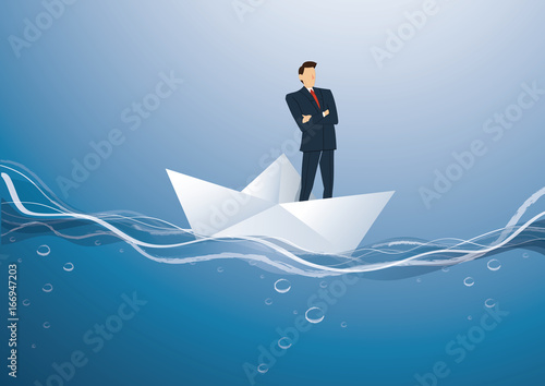 businessman standing with cross arms on a paper boat vector, business concept illustration. 