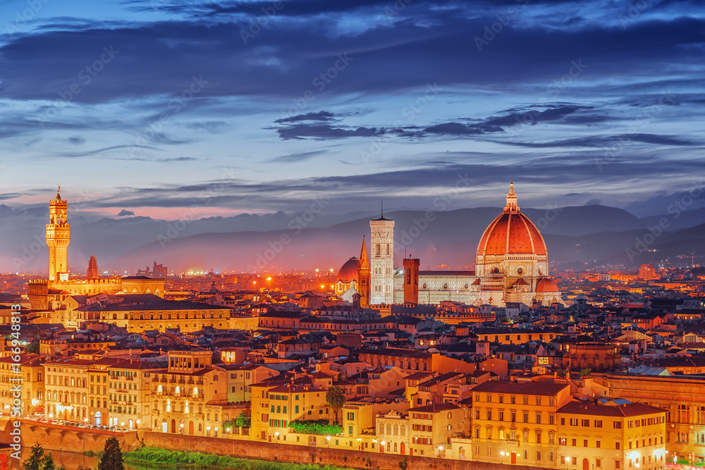 Fototapeta premium Beautiful landscape above, panorama on historical view of the Florence from Piazzale Michelangelo point. Night time.Italy.
