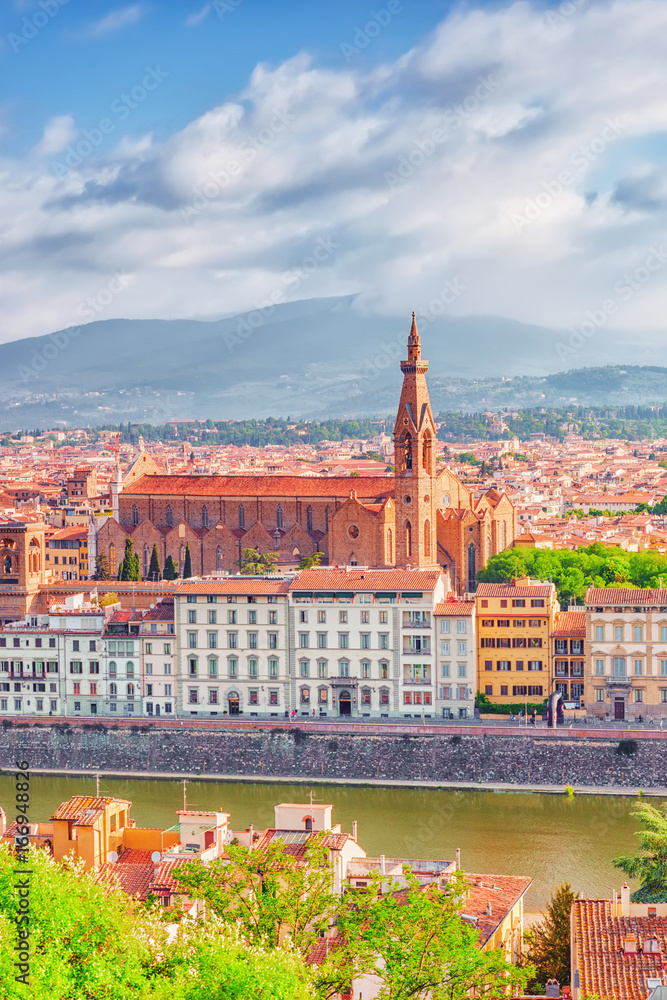 Obraz premium Beautiful landscape above, panorama on historical view of the Florence from Piazzale Michelangelo point. Morning time.