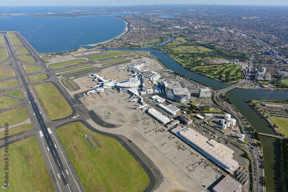 Fototapeta premium Sydney Airport, International Terminal, looking south-west towards Brighton-Le-Sands