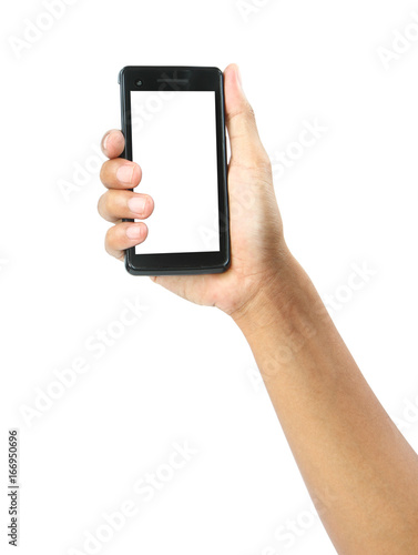 Male hand holding on mobile smartphone isolated with clipping path.
