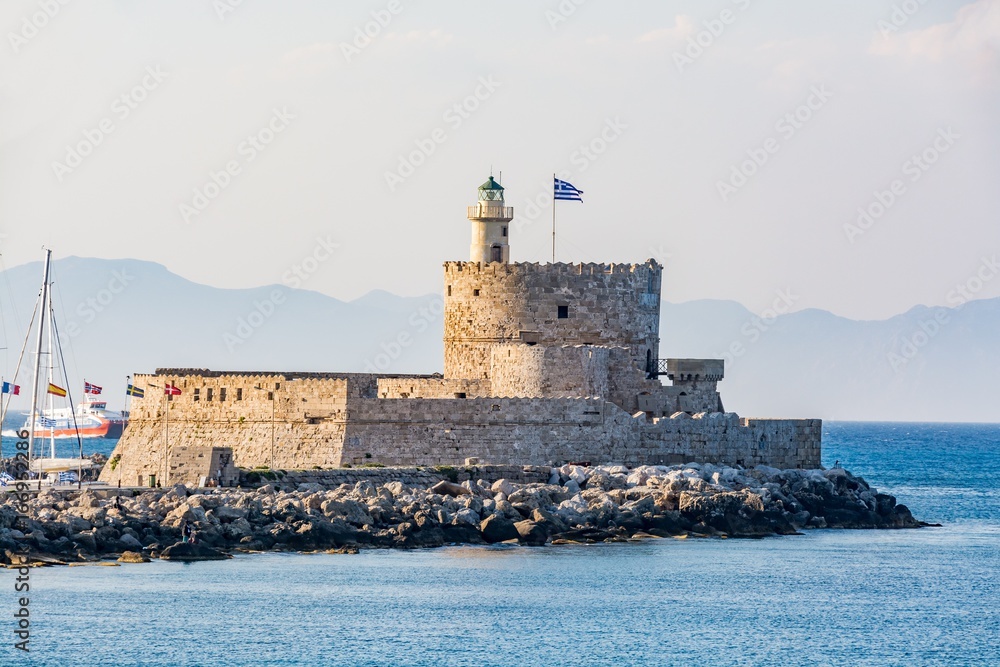 Agios Nikolaos Fort (Fort of Saint Nicholas), at the entrance to Mandraki harbor, Rhodes island, Greece