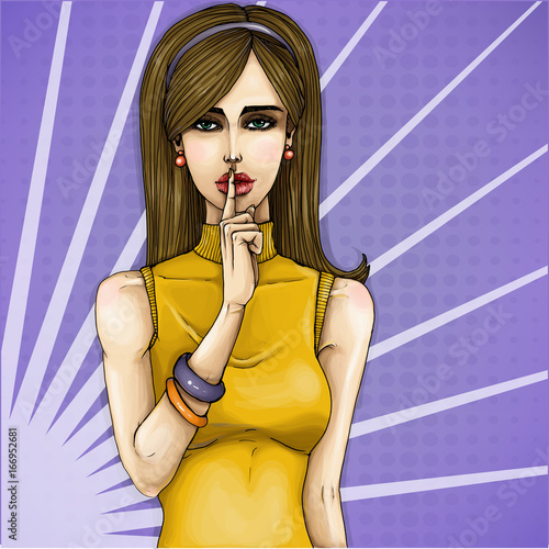 Vector pop art illustration of a young girl holding her finger on her lips and asking for silence, quiet, do not tell anyone. Excellent advertising poster for advertising discounts and sales