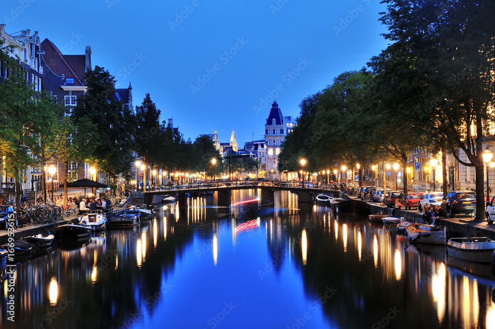 Amsterdam canal at night, Netherlands, Europe