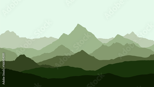 panoramic view of the mountain landscape with fog in the valley below with the alpenglow green sky - vector