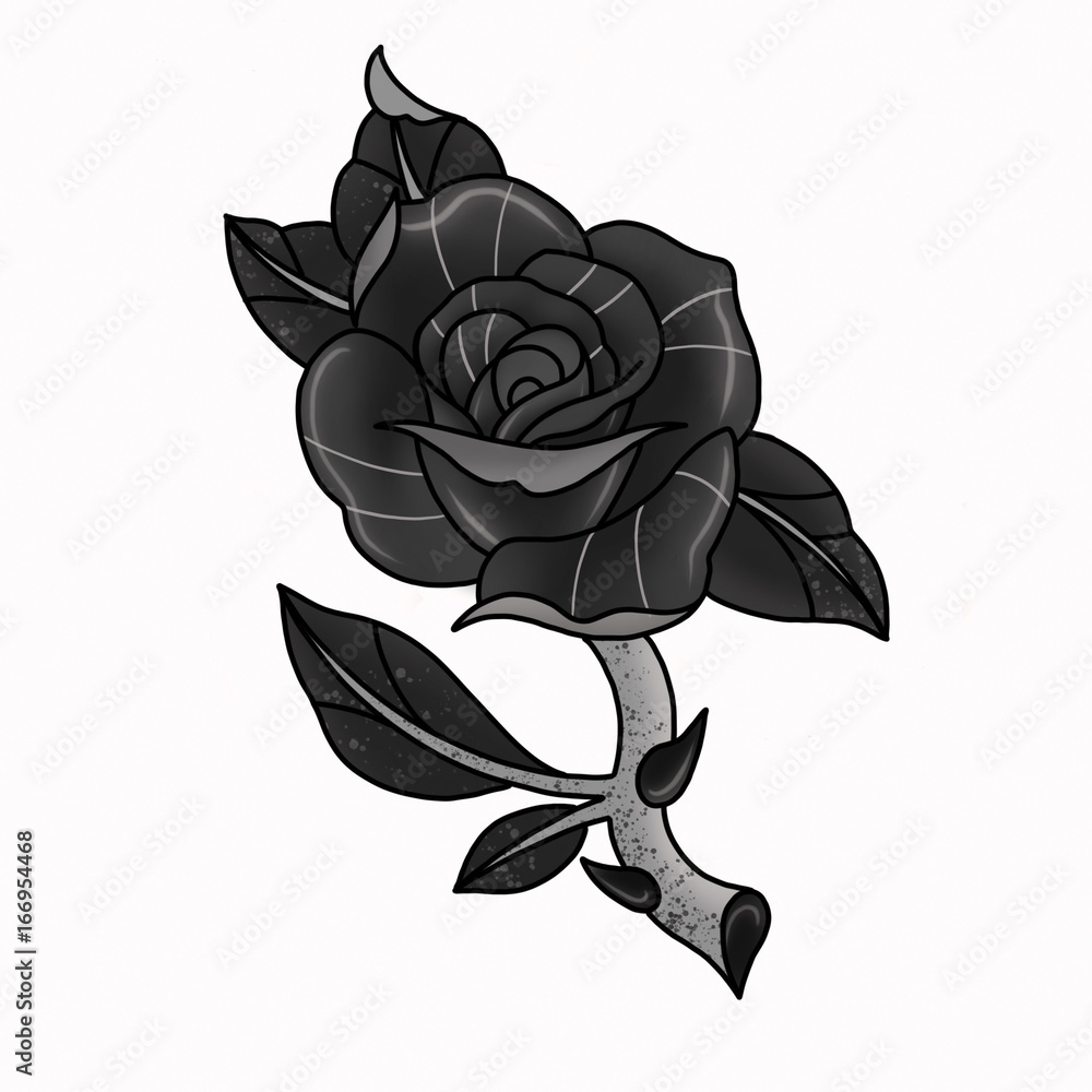 Traditional tattoo rose design. Cartoon illustration, hand drawn style.  Stock Photo | Adobe Stock