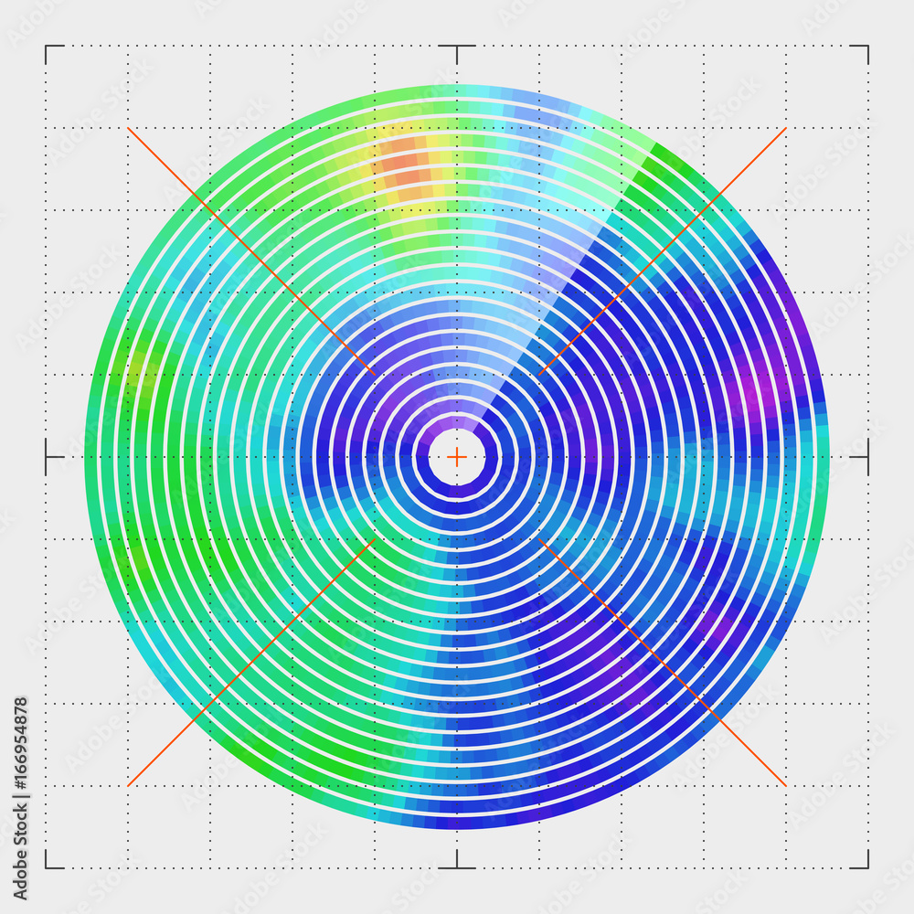 Modern decorative technical vector illustration. Visual thermal navigation  system. Colorful round heatmap. Image of working radar. Vivid scientific  background. Element of design. Stock Vector | Adobe Stock