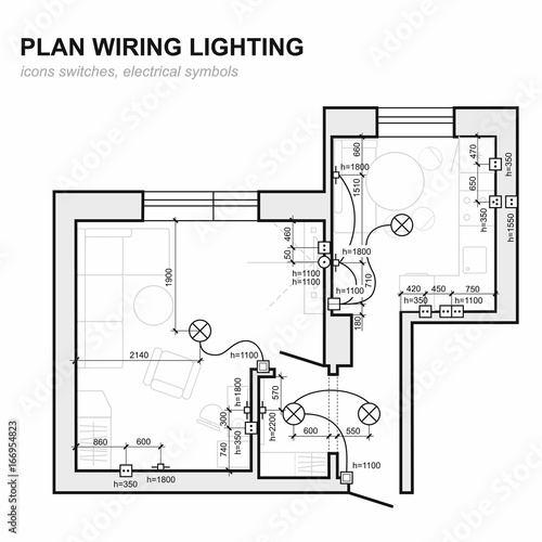 Plan wiring lighting. Electrical Schematic  interior. Set of standard icons switches, electrical symbols for blueprint.