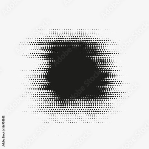 Glitched vector halftone stain. Black blot made of round particles. Modern abstract generative illustration with random distorted spot. Scattered array of dots. Gradation of tone. Element of design.