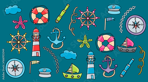 Marine doodle elements, hand drawn style. Ocean vector illustration with nautical theme objects.
