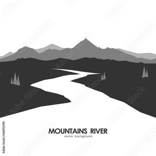 Fototapeta Naklejka Na Ścianę i Meble -  Vector illustration: Monochrome mountains landscape with white river.
