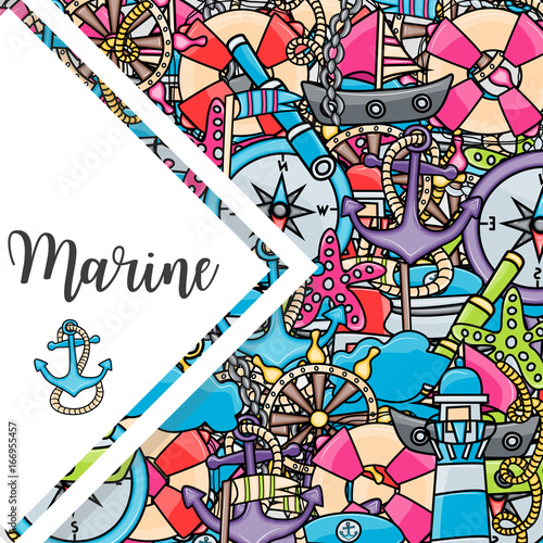 Marine doodle elements  hand drawn style. Ocean vector illustration background with nautical theme objects.