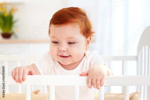poprtait of cute happy infant baby standing in a cot at home