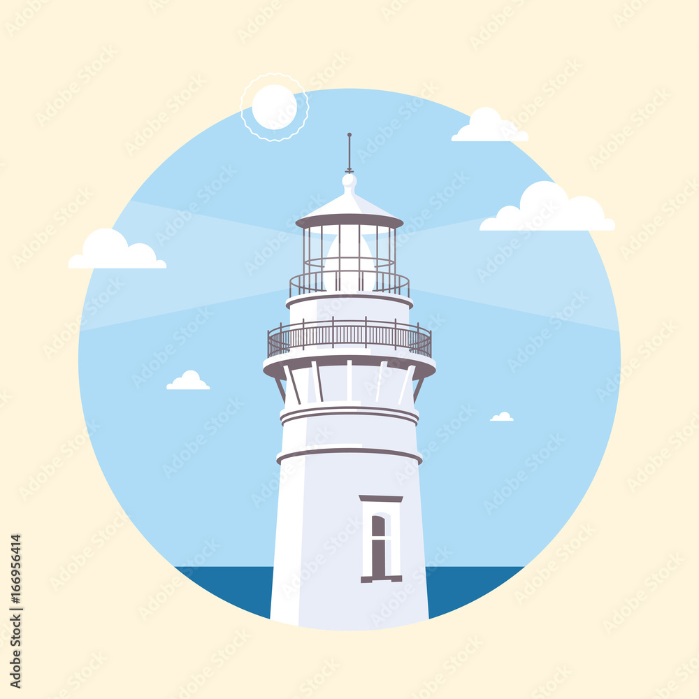 Day Lighthouse on coast of sea or ocean. Rounded beautiful stylish vector illustration.