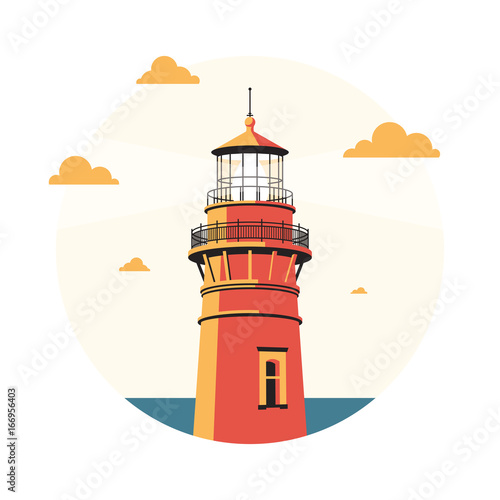 Evening Lighthouse on coast of sea or ocean. Rounded beautiful stylish vector illustration.