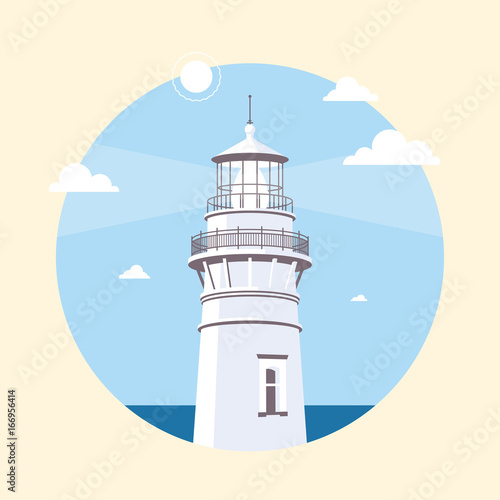 Day Lighthouse on coast of sea or ocean. Rounded beautiful stylish vector illustration.