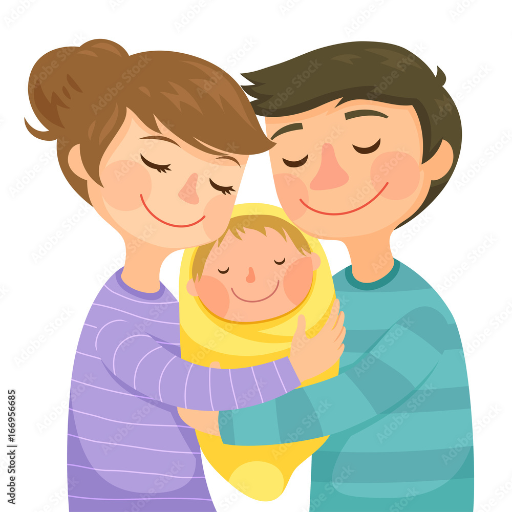 Happy young parents hugging a newborn baby