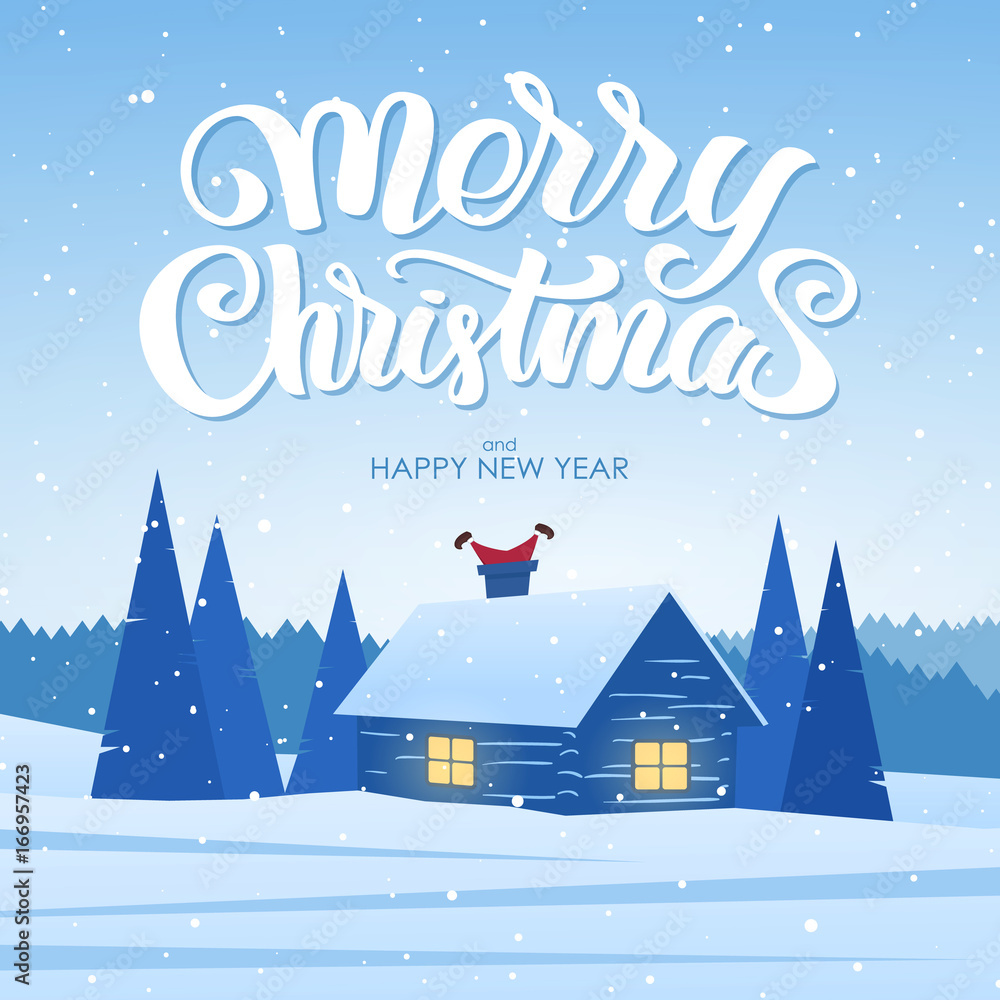 Vector illustration: Winter landscape with house and Santa Claus in the chimney