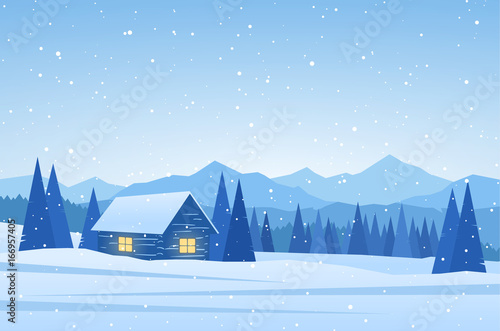 Vector illustration: Winter Mountains landscape with house on foreground.