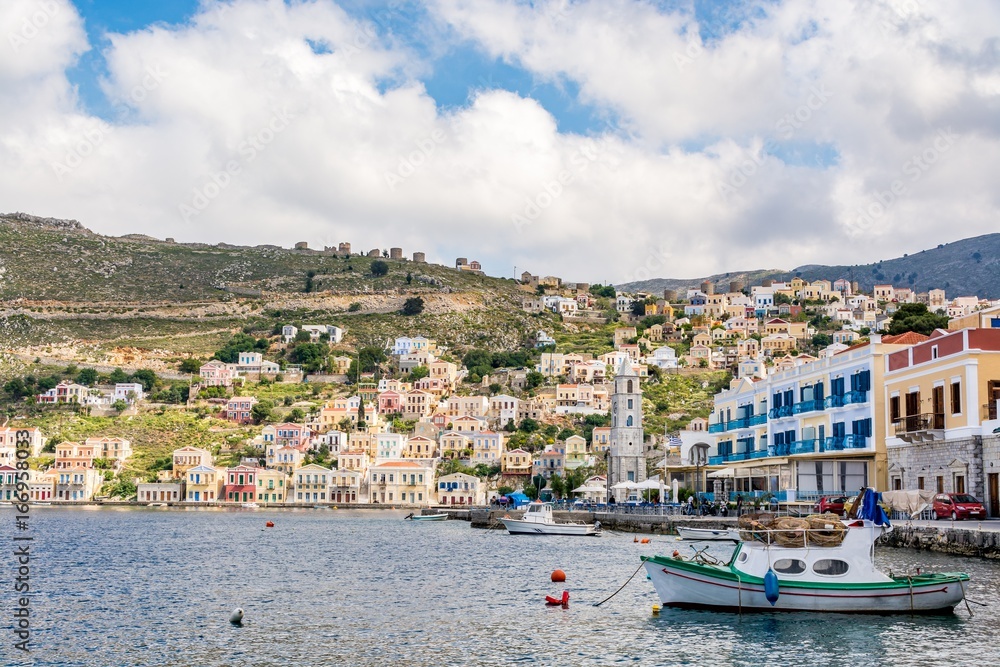 Cityscape of picturesque Symi island, close to Rhodes, Greece