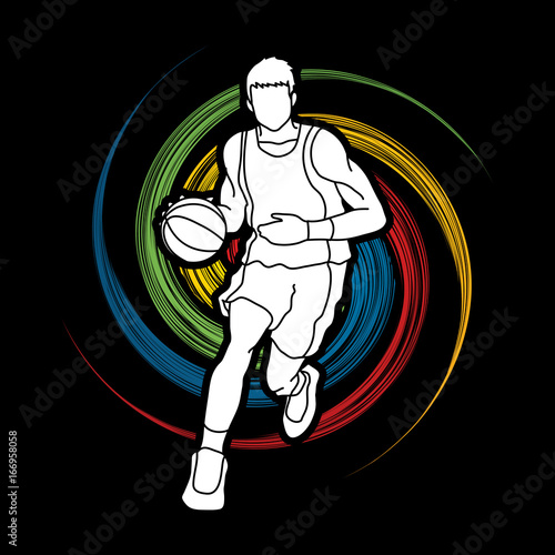 Basketball player running front view designed on spin wheel background graphic vector