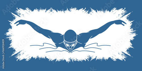 Swimming butterfly, man swimming designed on grunge frame graphic vector