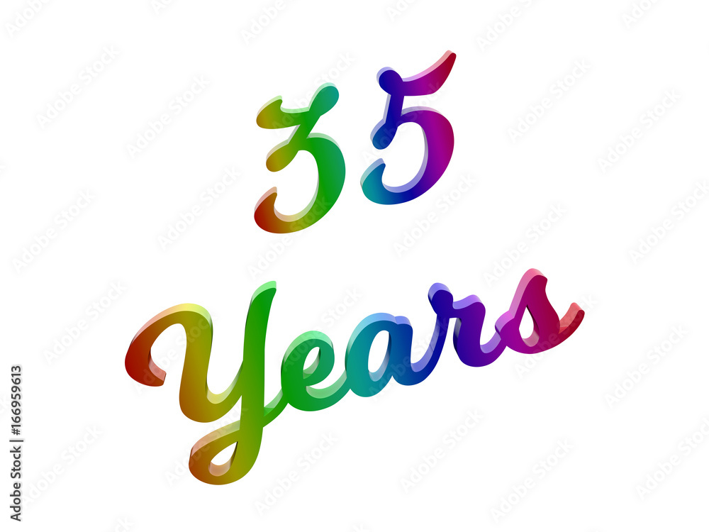 35 Years Anniversary, Holiday Calligraphic 3D Rendered Text Illustration Colored With RGB Rainbow Gradient, Isolated On White Background
35 Years Anniversary, Holiday Calligraphic 3D Rendered Text Illustration Colored With RGB Rainbow Gradient, Isolated On White Background
