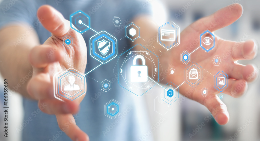 Businessman using antivirus to block a cyber attack 3D rendering Businessman using antivirus to block a cyber attack 3D rendering