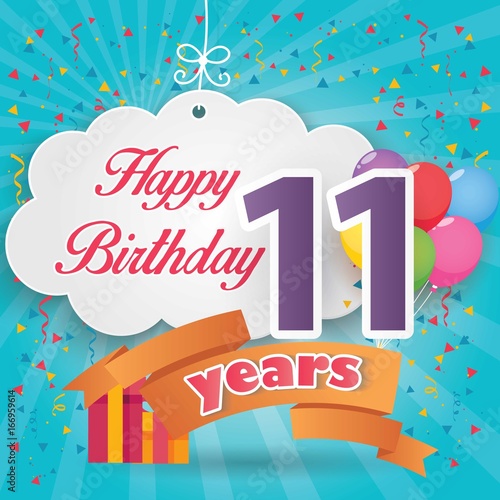 11 st birthday celebration greeting card origami paper art design, birthday party poster background with clouds, balloon, ribbon and gift box full color. eleven anniversary celebrations