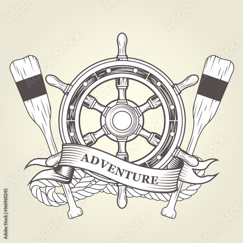 Vintage steering wheel and oars - nautical emblem with handwheel, rope and paddles