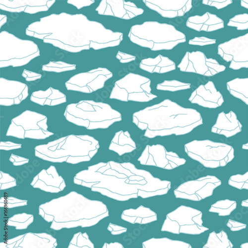 Cartoon hand drawn seamless pattern with sea ice. Outline polar drift ice isolated on dark green background. Lots of symbols and elements. Hand-drawn ice's elements of different forms.
