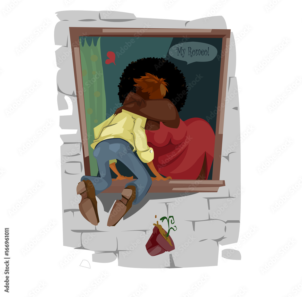 Digital vector funny comic cartoon romantic thin boy kissing by the window  an afro fat girl with black hair, be my romeo heart, falling hotchpotch,  hand drawn illustration, abstract realistic flat Stock