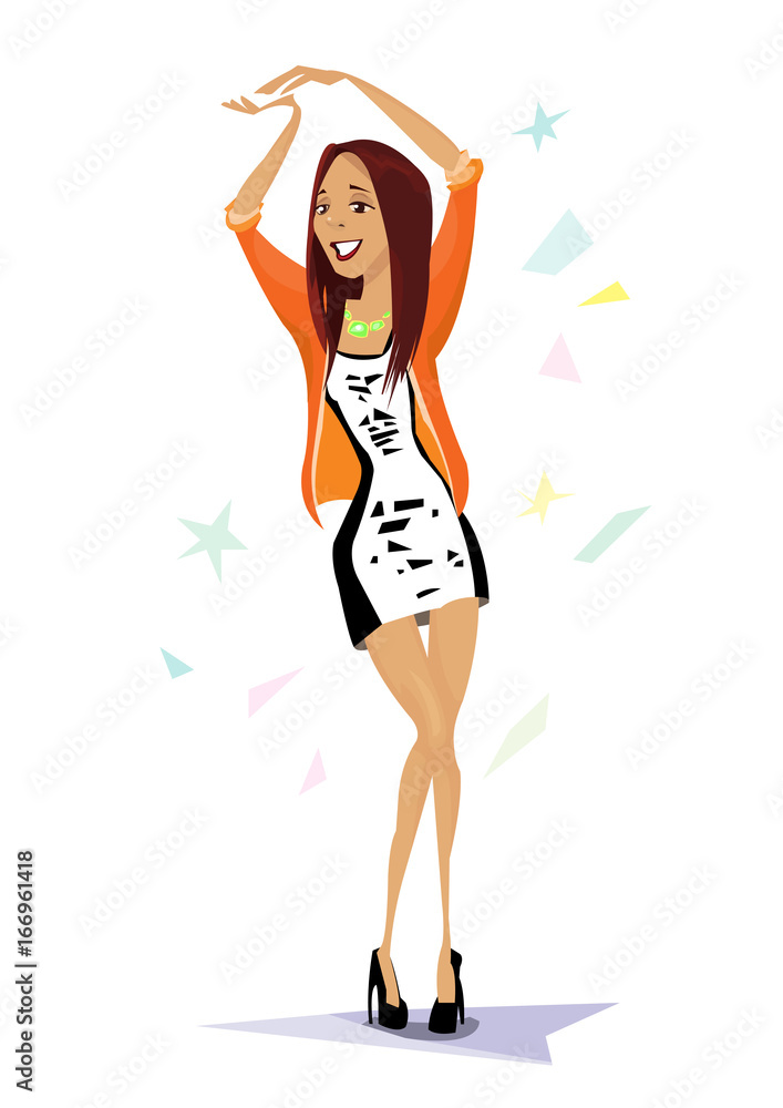 Digital vector funny comic cartoon young girl in dress dancing and making gestures with both hands, abstract realistic flat style Digital vector funny comic cartoon young girl in dress dancing and making gestures with both hands, abstract realistic flat style