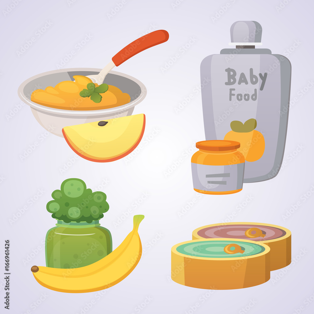Juices and purees from green apples and broccoli for baby. food for baby cartoon products set. Juices and purees from green apples and broccoli for baby. food for baby cartoon products set.