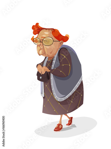 Digital vector funny comic cartoon old red hair insidious subtle grandmother with big glasses holding her purse and looking towards camera, abstract realistic flat style