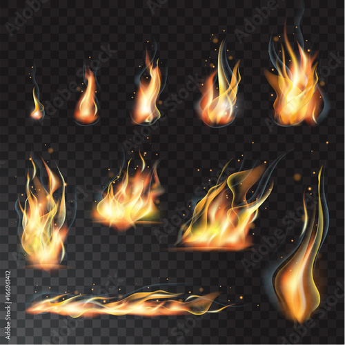 Vector isolated set of transparent realistic flame effects. Transparent background