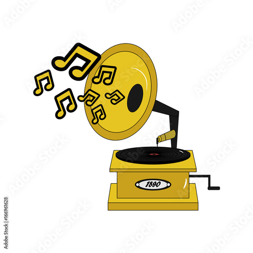 Vintage retro vector gramophone with music notes.