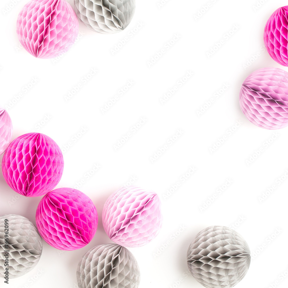 Stylish Frame background with pink and lilac honeycomb balls with copy space for text. isolated on white background. Flat lay, top view. Stylish Frame background with pink and lilac honeycomb balls with copy space for text. isolated on white background. Flat lay, top view.