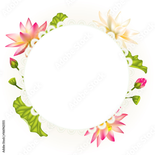 Lotus flowers. Beautiful floral background. Asia. Disk. Buddhism. SPA-center. Water lily. Exotics. Tropics. Creative frame from lotuses. Border.  Frame.
