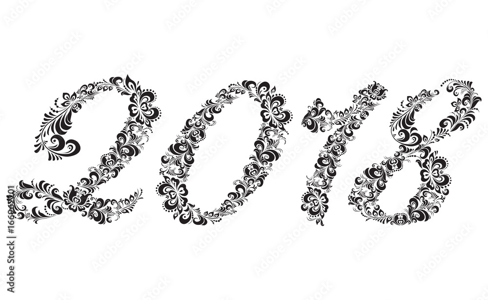 Black and white numbers. 2018 Happy New Year. Holiday banner. Vector illustration. Khokhloma. Leaf pattern with swirls. National Russian art. Floral design.