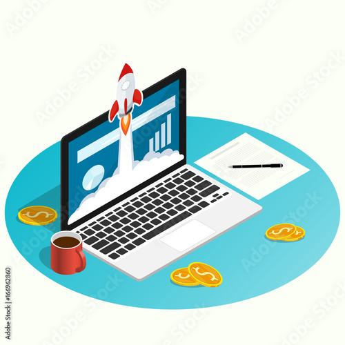 isometric rocket fast start up launch laptop,ecommerce business start up project flat vector