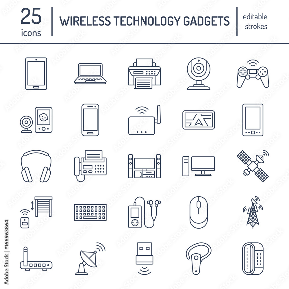 Wireless devices flat line icons. Wifi internet connection technology signs. Router, computer, smartphone, tablet, laptop, printer, satellite. Vector linear illustration linear for electronic store. Wireless devices flat line icons. Wifi internet connection technology signs. Router, computer, smartphone, tablet, laptop, printer, satellite. Vector linear illustration linear for electronic store.