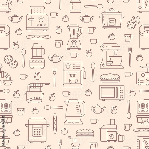 Kitchen utensil, small appliances beige seamless pattern with flat line icons. Background with household cooking tools - blender, mixer, food processor, coffee machine, microwave, toaster. Electronics