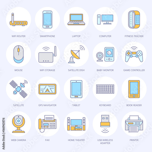Wireless devices flat line icons. Wifi internet connection technology signs. Router, computer, smartphone, tablet, laptop, printer, satellite. Vector illustration colored sign for electronic store.