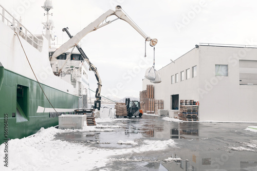 A Norwegian fishing boat unloads its cargo in the port of Ålesund